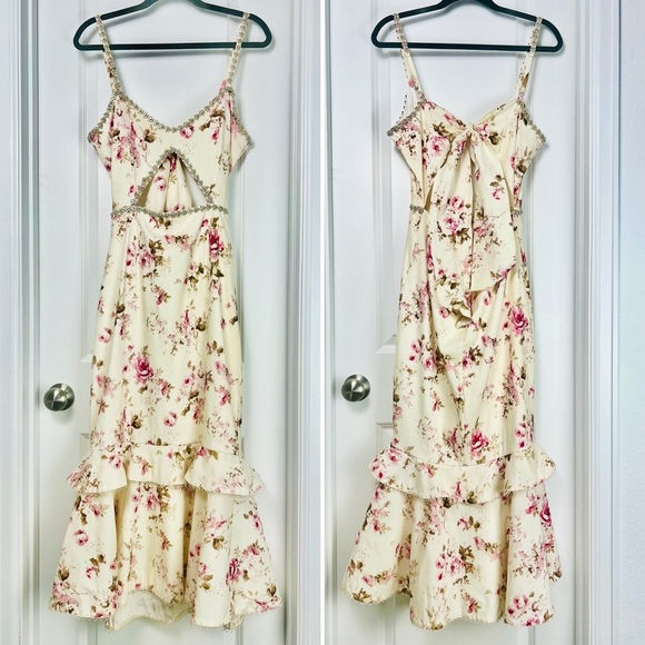 V. Chapman Luna Dress English Rose Floral Beaded Crystal Trim Midi 8 Medium - Picture 3 of 15